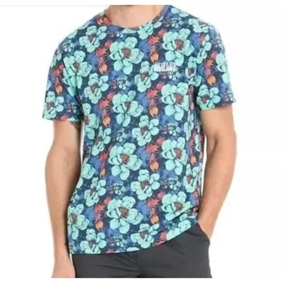 Hurley Floral Print Tshirt Mens Small Blue Orange New WOT Crew Neck - Picture 1 of 8